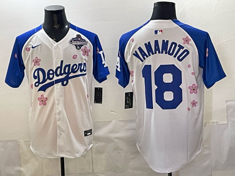 Men Nike 2026 Los Angeles Dodgers #18 Yamamoto White Blue Sakura Edition Game MLB Jersey 12082->youth mlb jersey->Youth Jersey